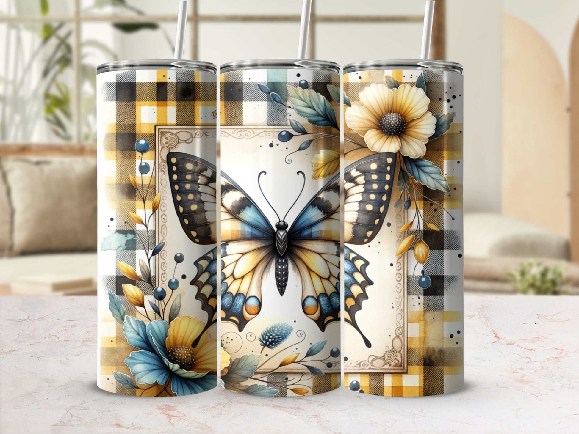 Tumbling buffalo plaid tumbler with butterfly and floral design.