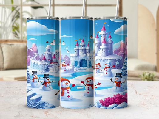 Snowmen and a winter castle with a bright blue sky.