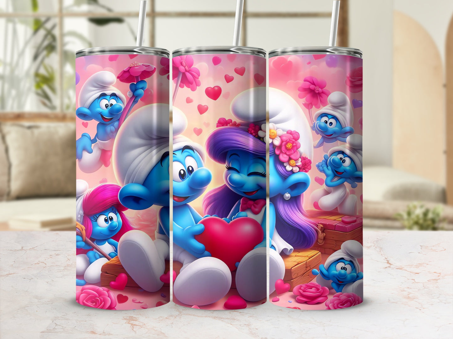 Cute Blue Cartoon Characters Tumbler with Hearts Design