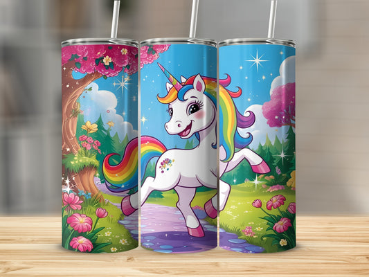 Cartoon unicorn with rainbow mane on a pink path, surrounded by flowers.