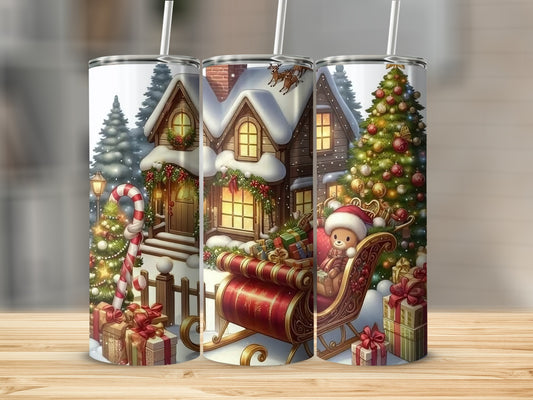 Festive Christmas Scene with Gifts and Sleigh Tumbler