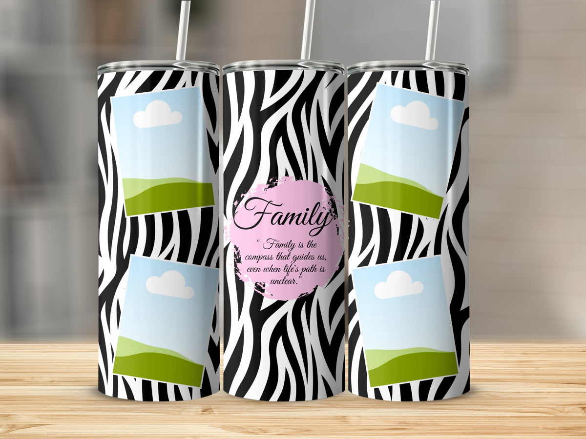 Tumblers with zebra print, photo frames, and the word "Family".