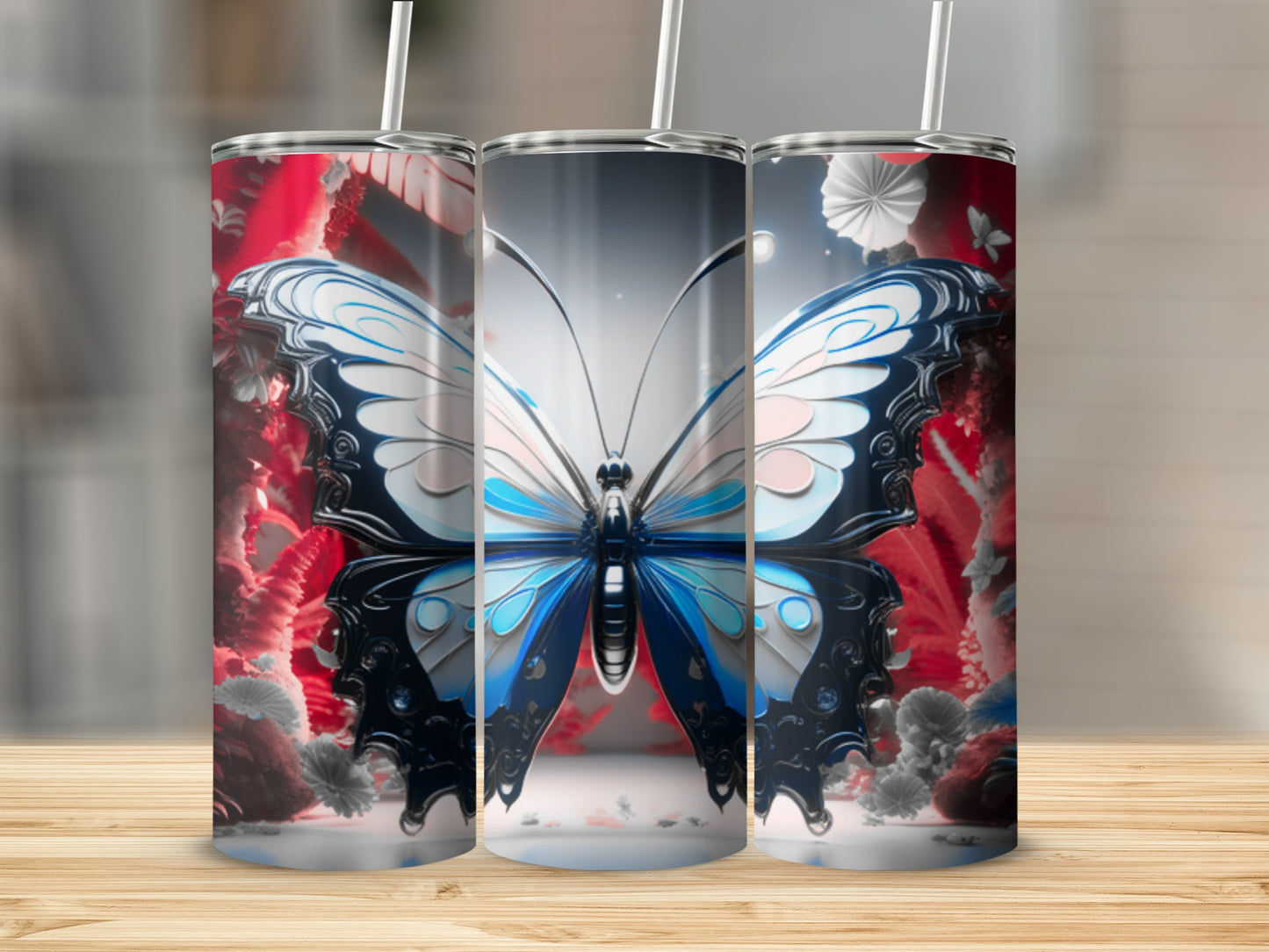 Tall tumbler with blue and white butterfly and floral design.