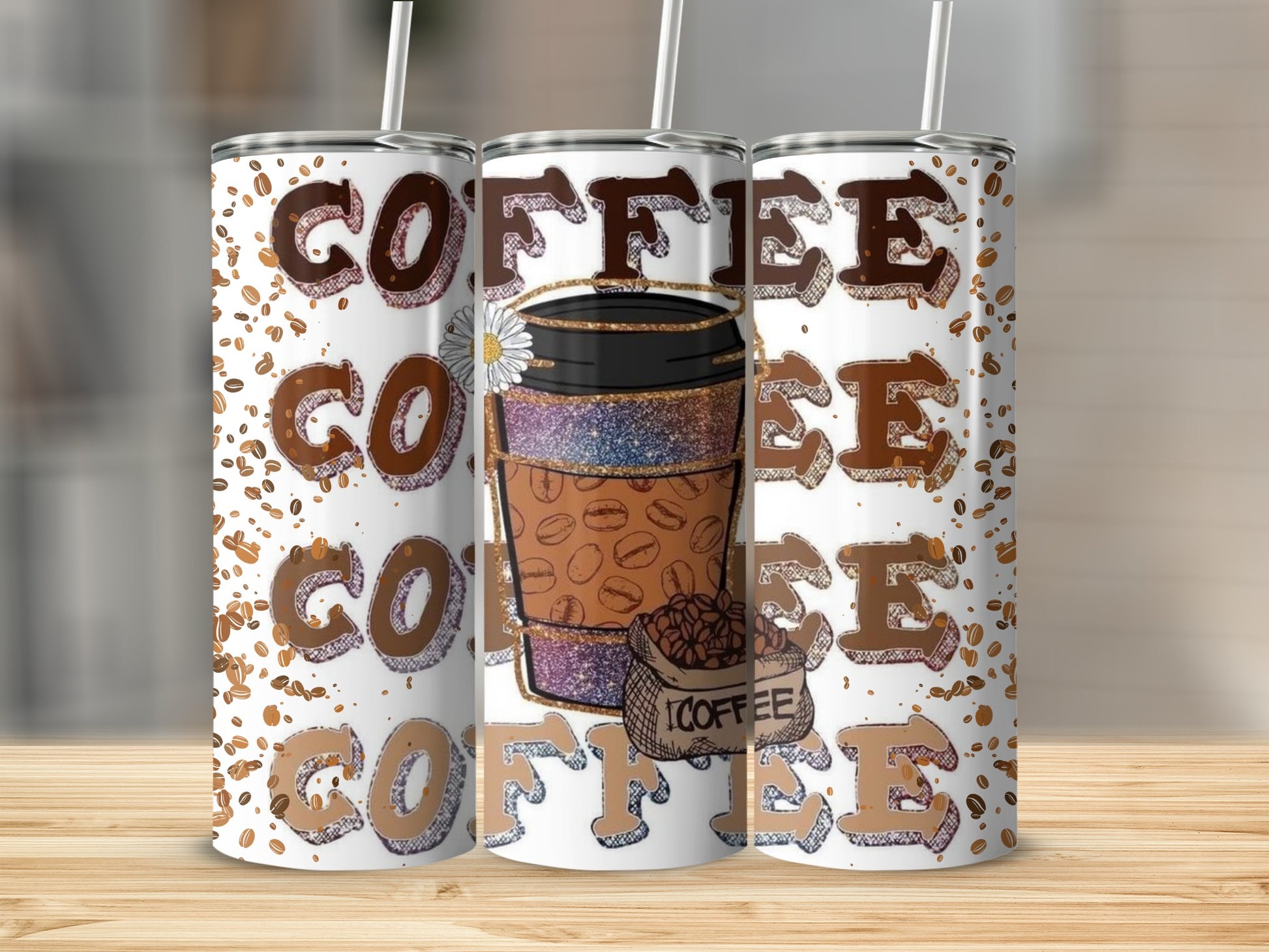 Coffee-themed Tumbler with Beans and Cup Design