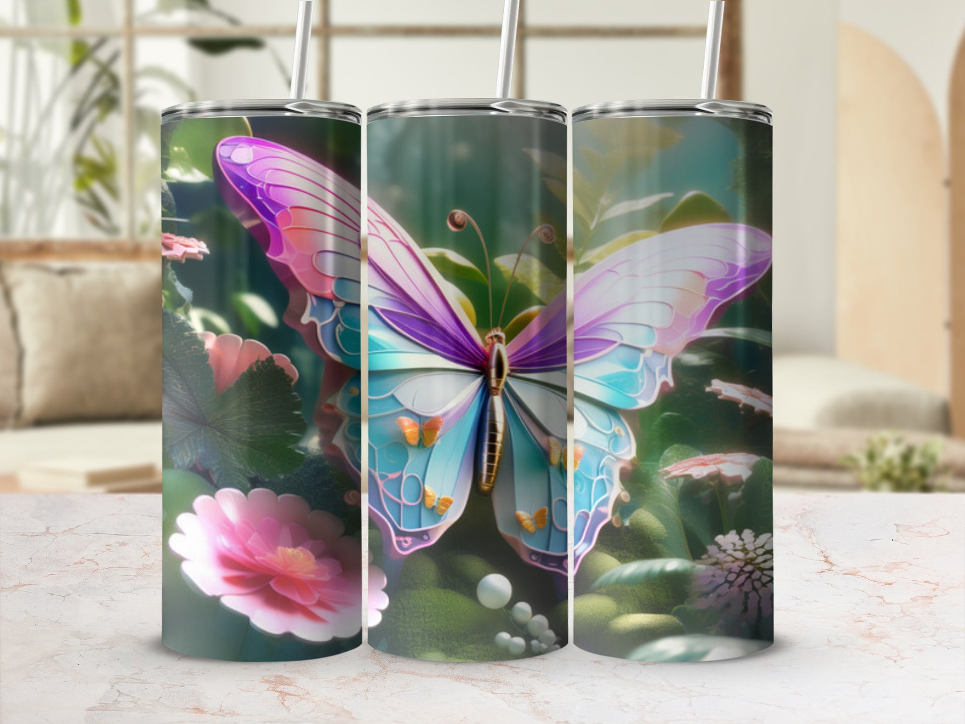 Three tumblers featuring a purple and blue butterfly with floral accents.
