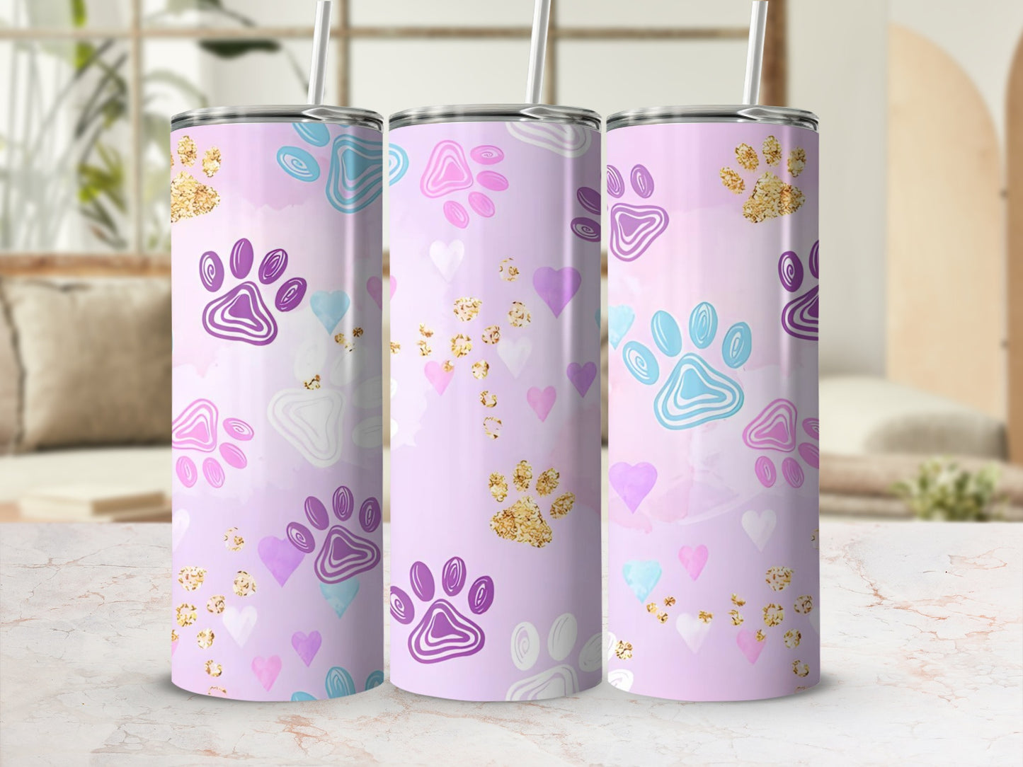 Colorful Paw Print and Heart Pattern Tumbler Product