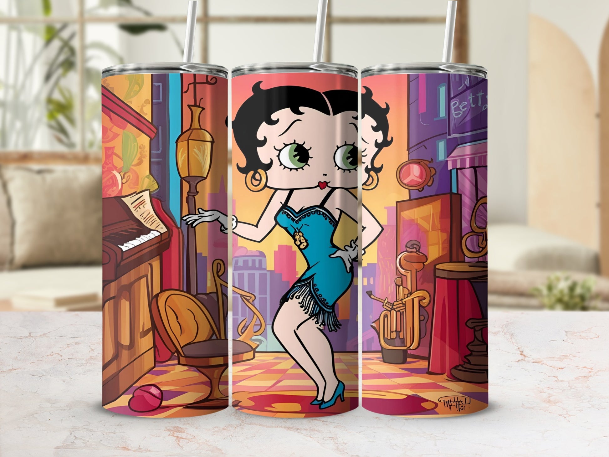 Betty Boop in a blue dress dances in a stylized urban setting.