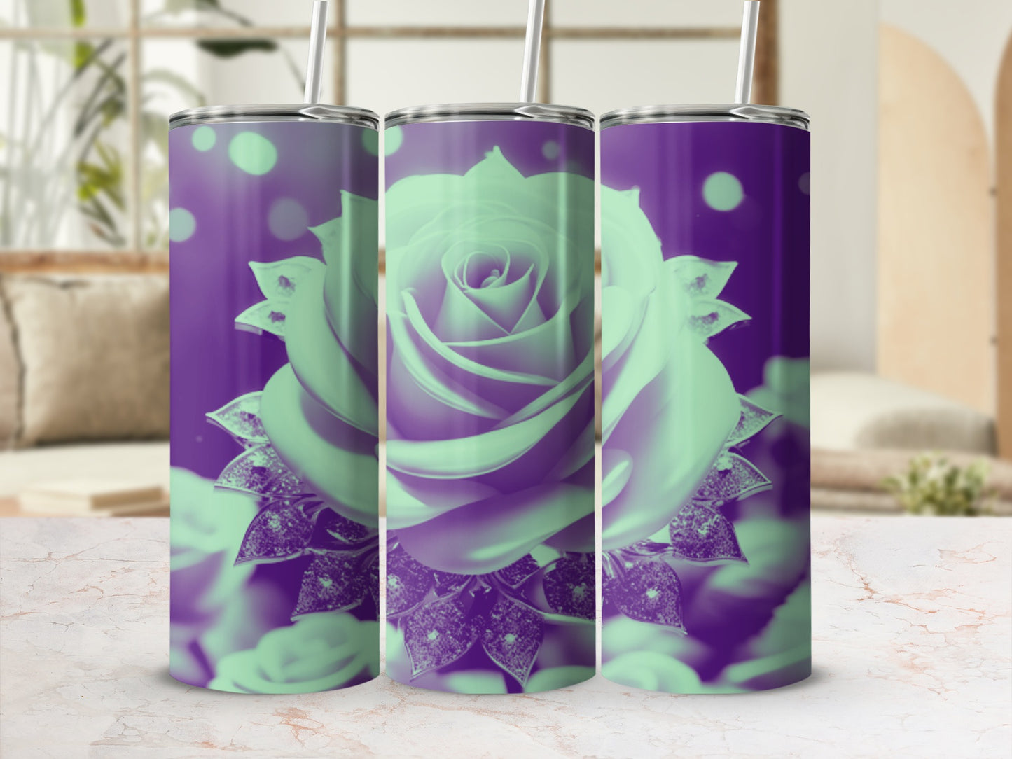 Triptych of tumblers featuring a pale green rose with purple accents.