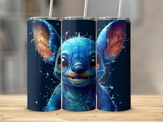 Blue alien character with large ears, smiling, on a dark blue background.