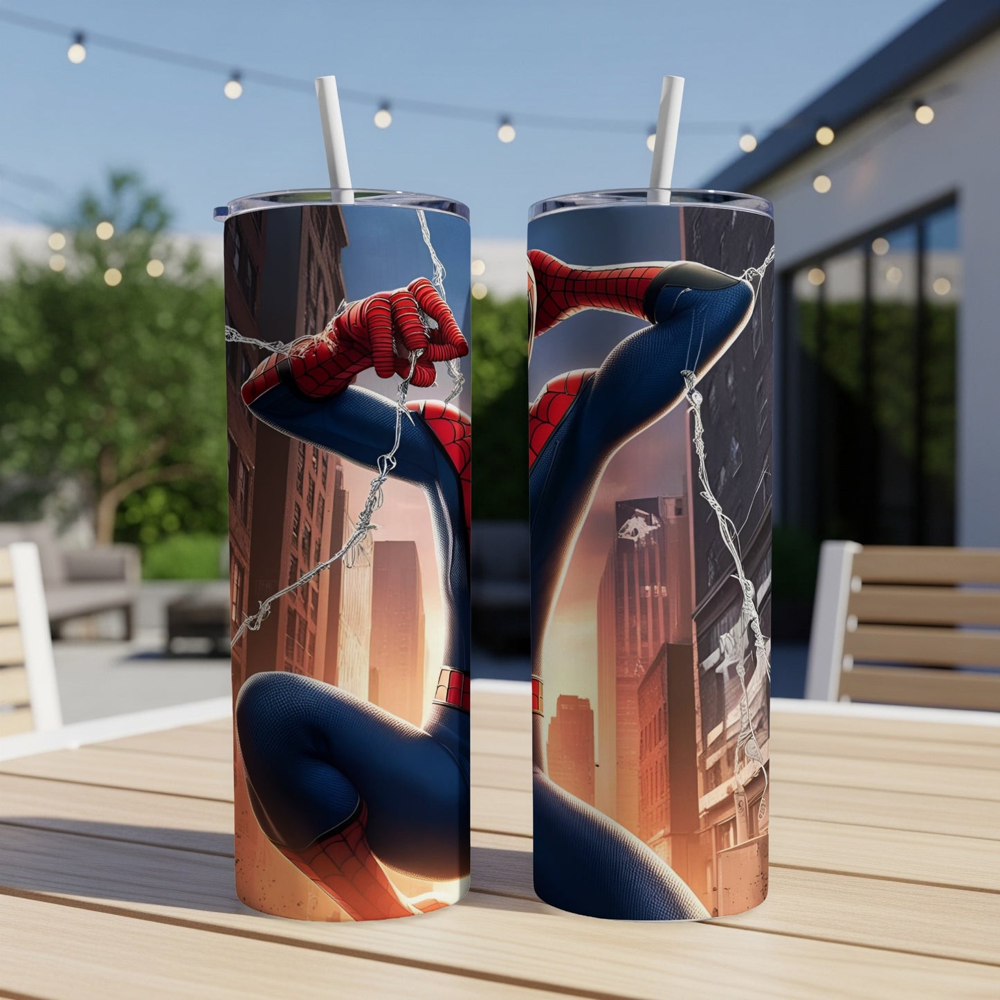 Spider-Man in crouching pose on a city background, on a tumbler.