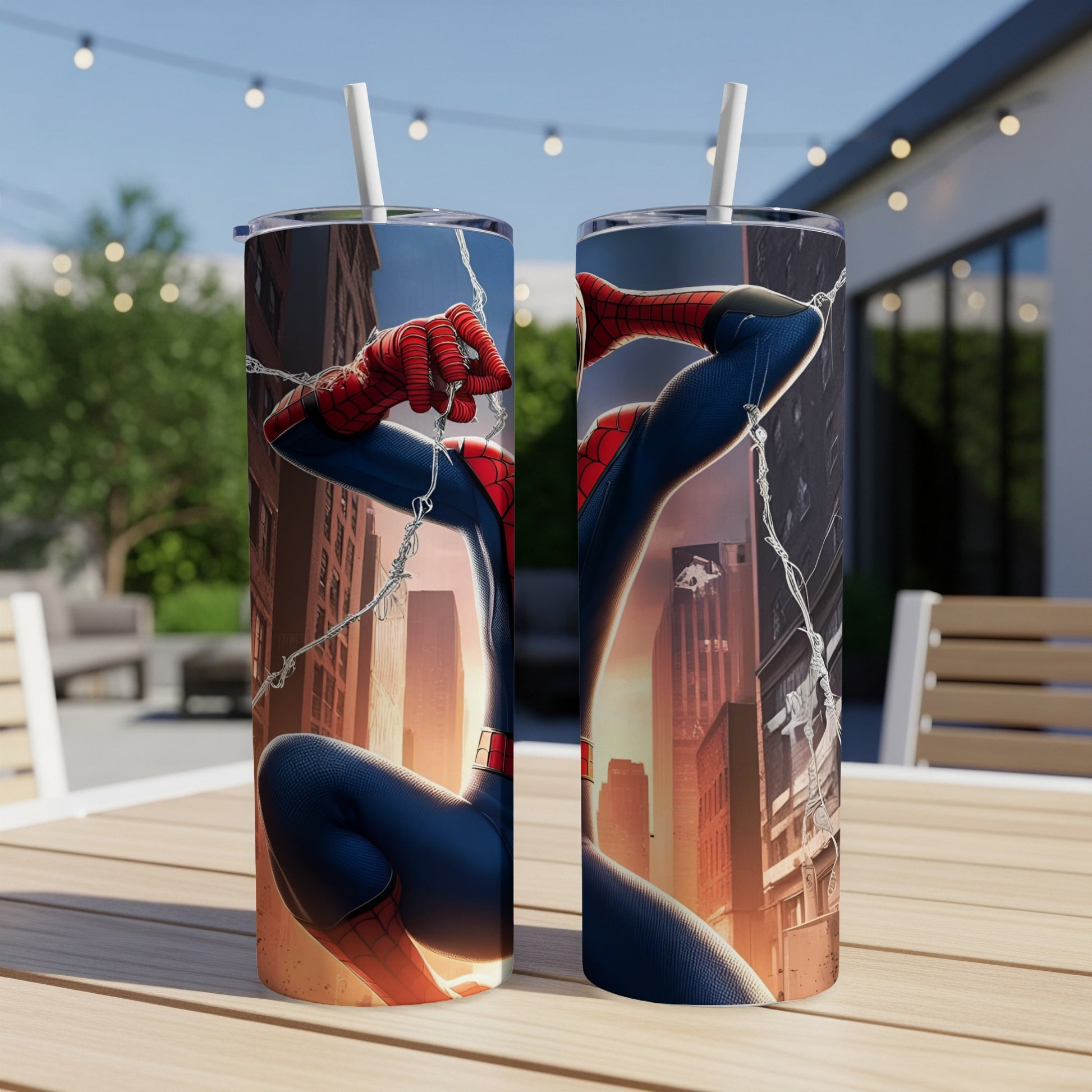 Spider-Man in crouching pose on a city background, on a tumbler.
