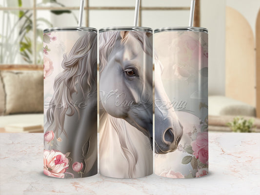 White horse with floral accents on a tumbler.
