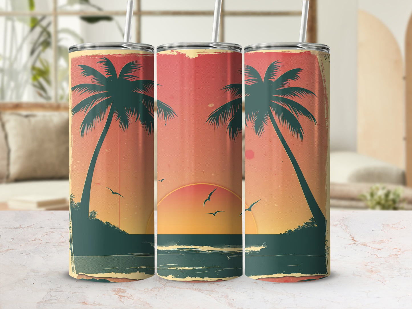 Three tumblers feature a sunset scene with palm trees and ocean.