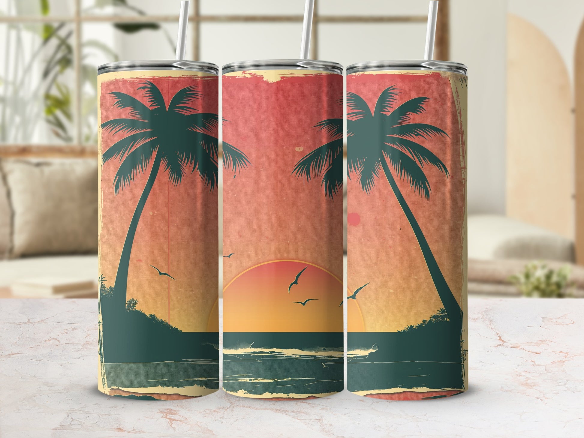 Three tumblers feature a sunset scene with palm trees and ocean.