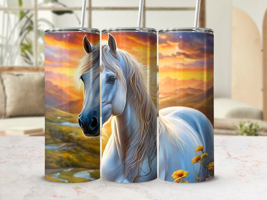 Three tumblers with a white horse against a sunset landscape.