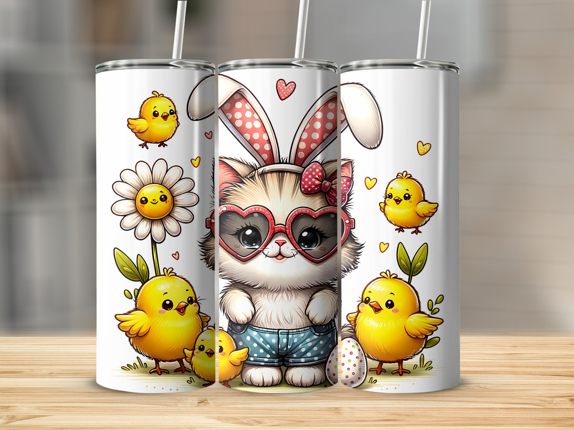 Cute kitten with bunny ears, glasses, and chicks around Easter egg.