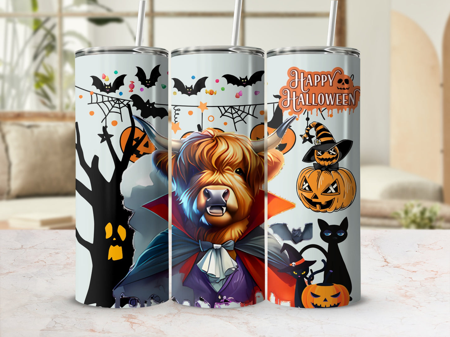 Spooky Halloween Themed Tumbler with Cute Highland Cow