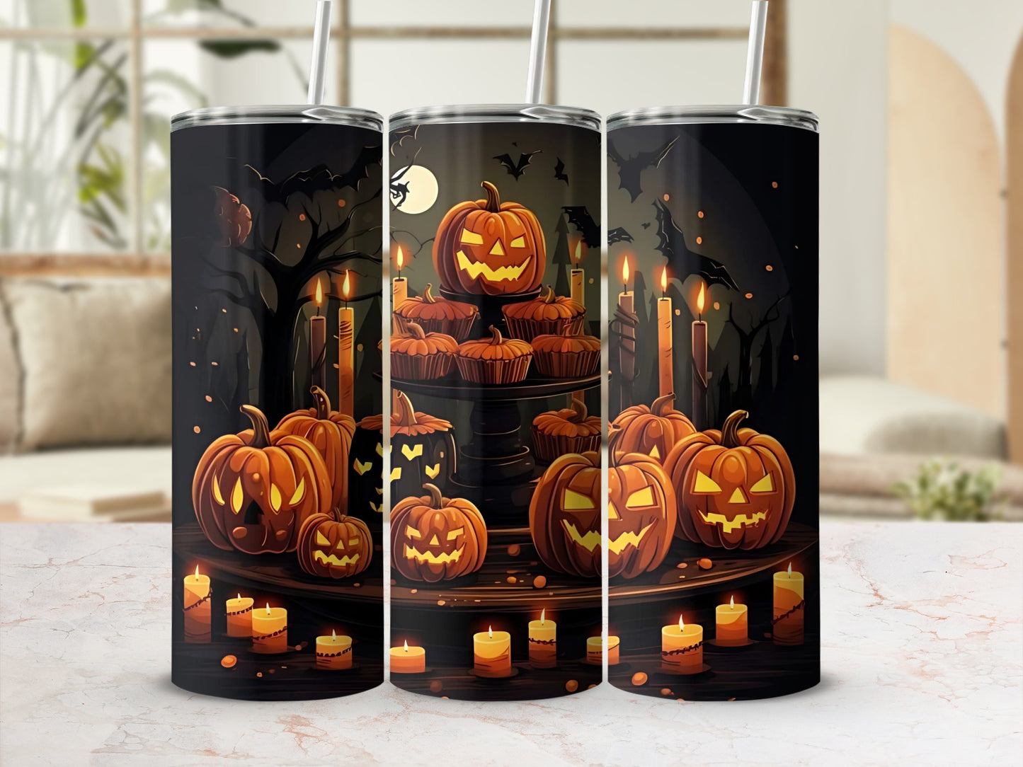 Three tumblers with Halloween pumpkins, bats, and candles illustration.