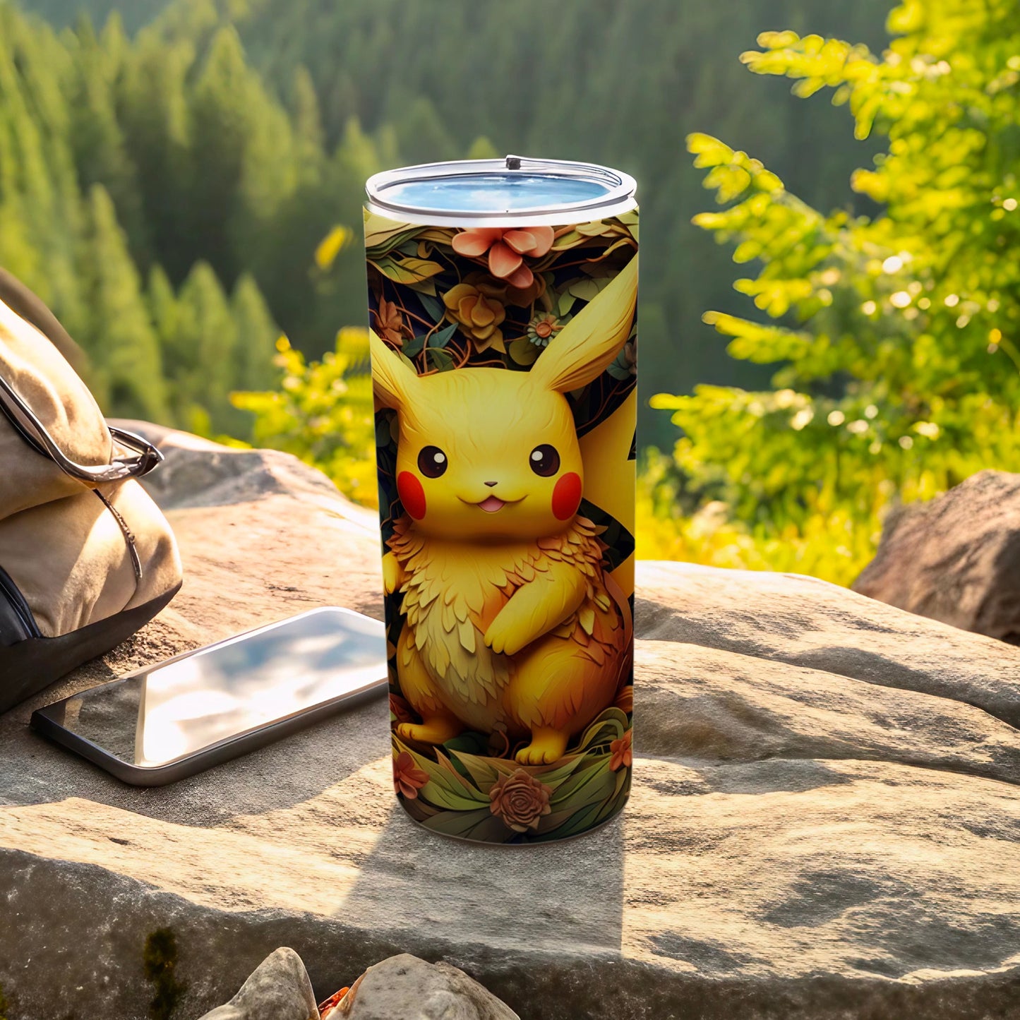 Cute Yellow Pikachu Illustration on Travel Tumbler