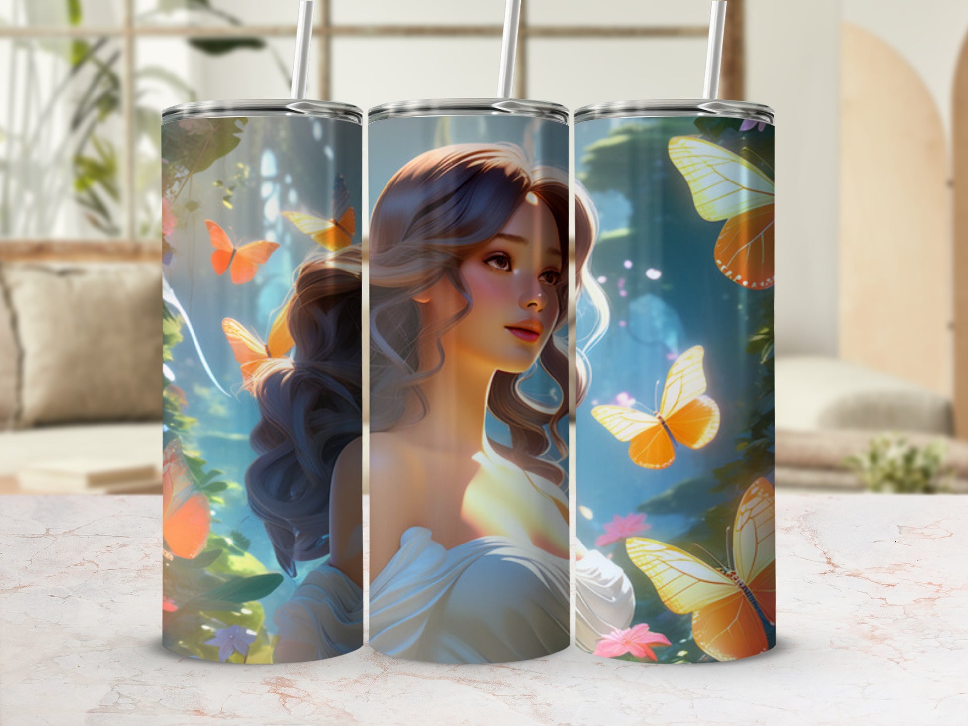 Woman with butterflies in a whimsical, floral scene.