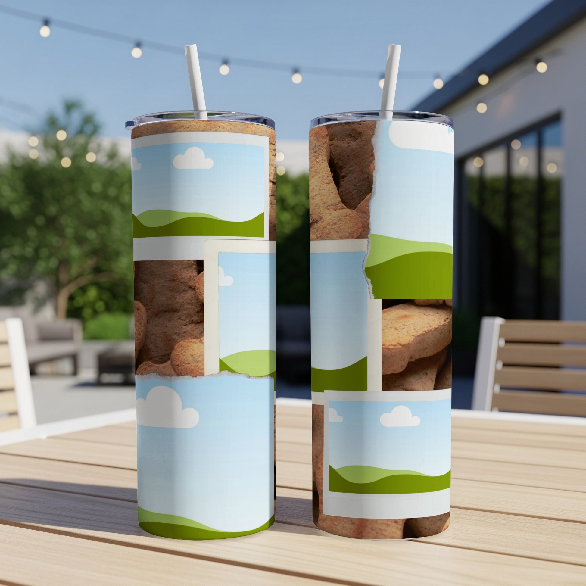 Two tumblers with a torn-paper collage design featuring baked goods and sky scenes.