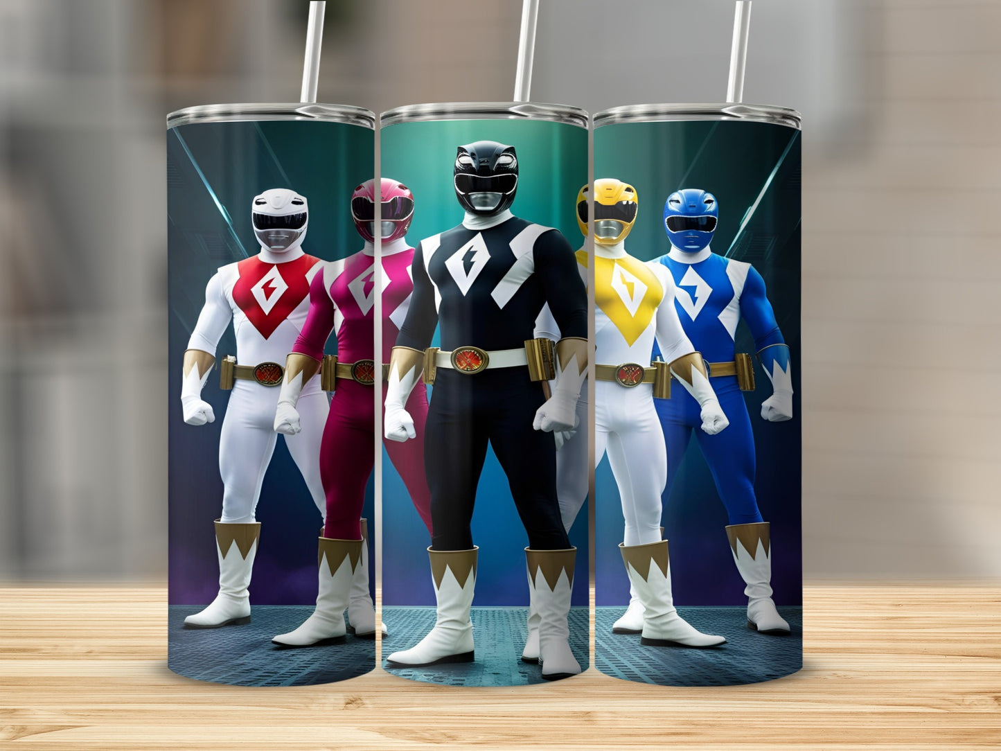 Five Power Rangers in colorful suits standing against a blurred background.