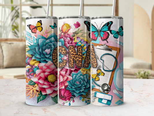 Tumbler with floral and butterfly art, "CNA" text, stethoscope, and medical symbols.