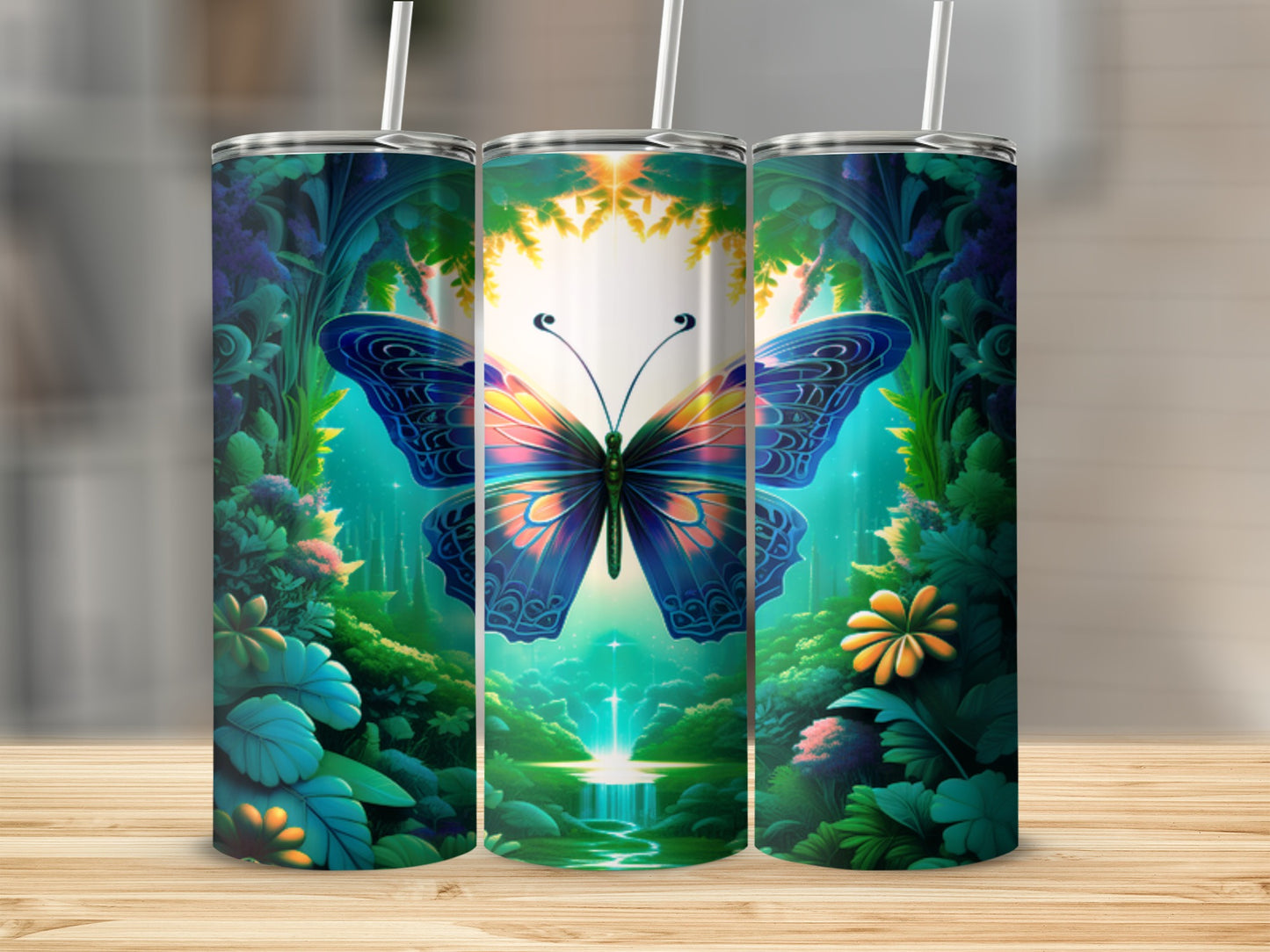 Three tumblers featuring a blue butterfly and lush forest scene.