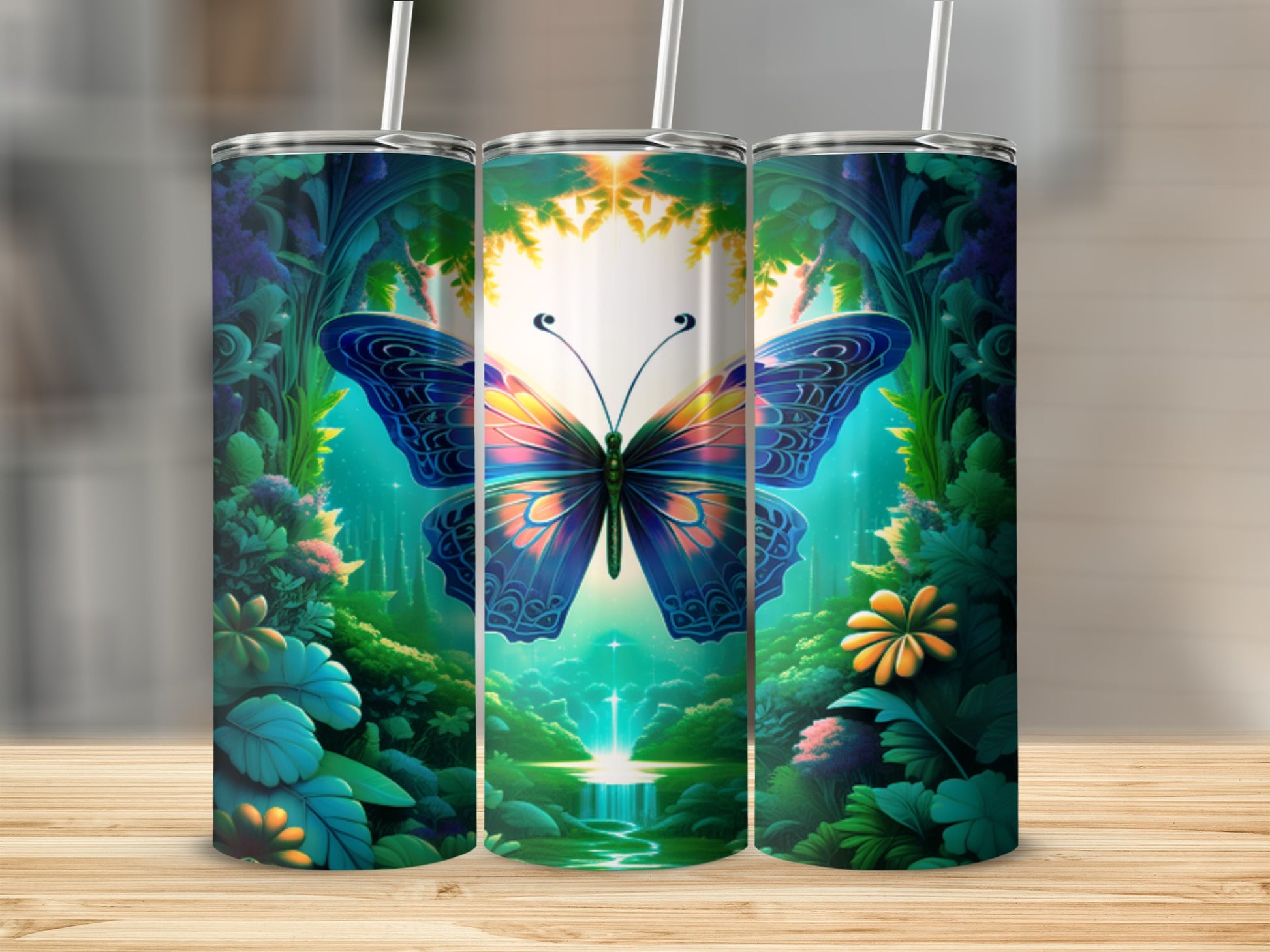 Three tumblers featuring a blue butterfly and lush forest scene.