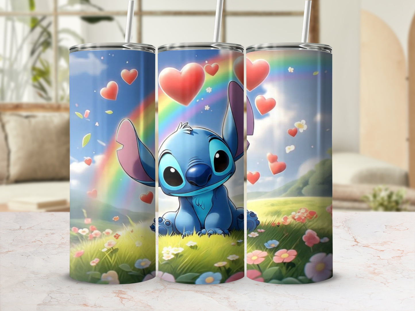 Cute Blue Character in Field with Hearts Tumbler