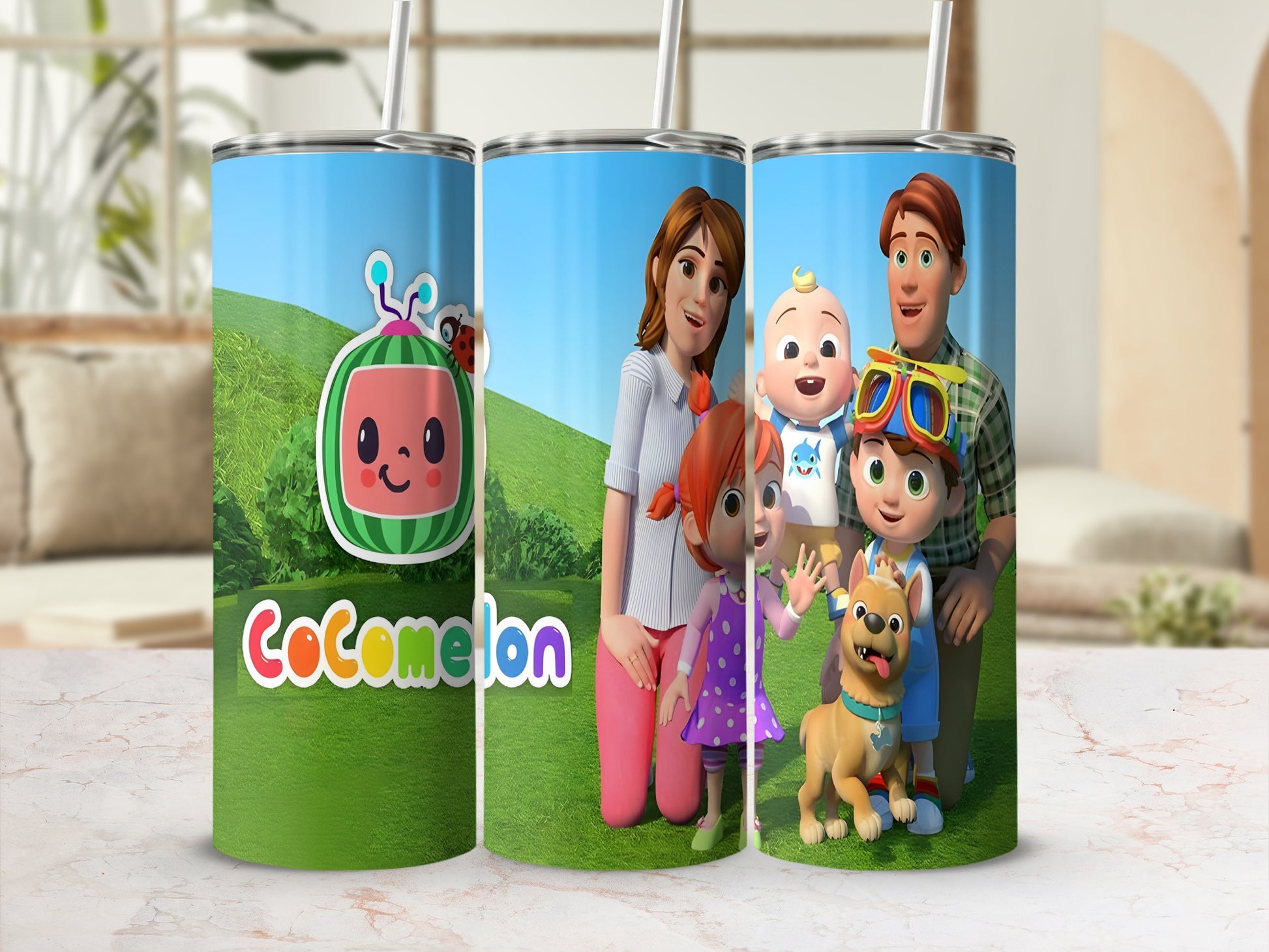 Cocomelon characters JJ, family, and a dog on a patterned tumbler.