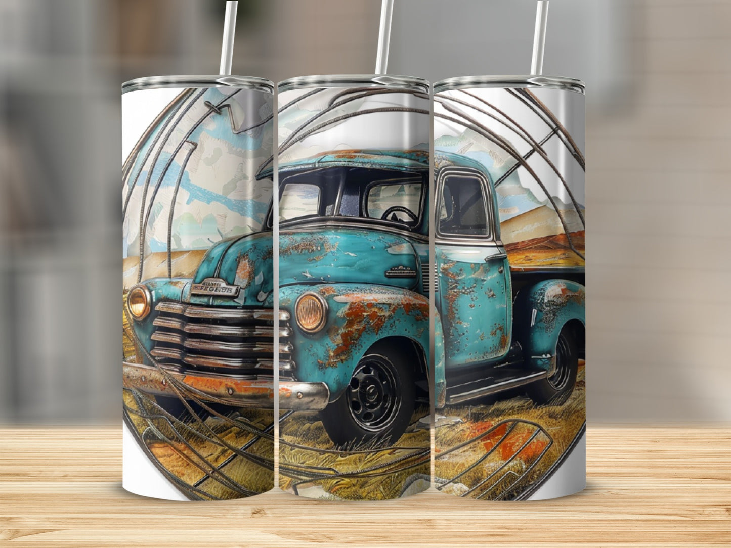 Blue vintage truck with rust details in a rustic landscape.