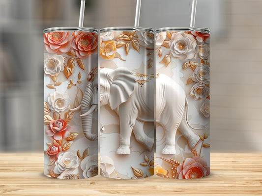 White embossed elephant with floral accents on a tumbler.