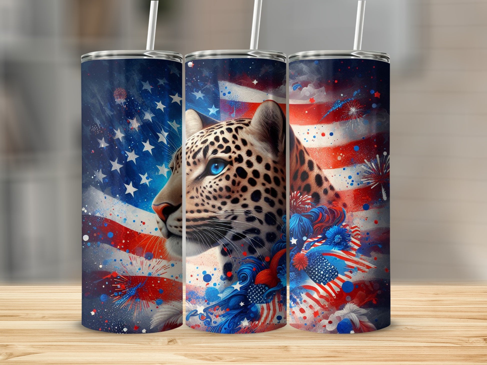 Leopard with American flag and fireworks pattern on three tumblers.