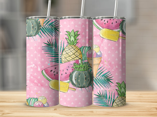 Pink watercolor tumbler with cactus, pineapple, watermelon, and popsicle illustrations.