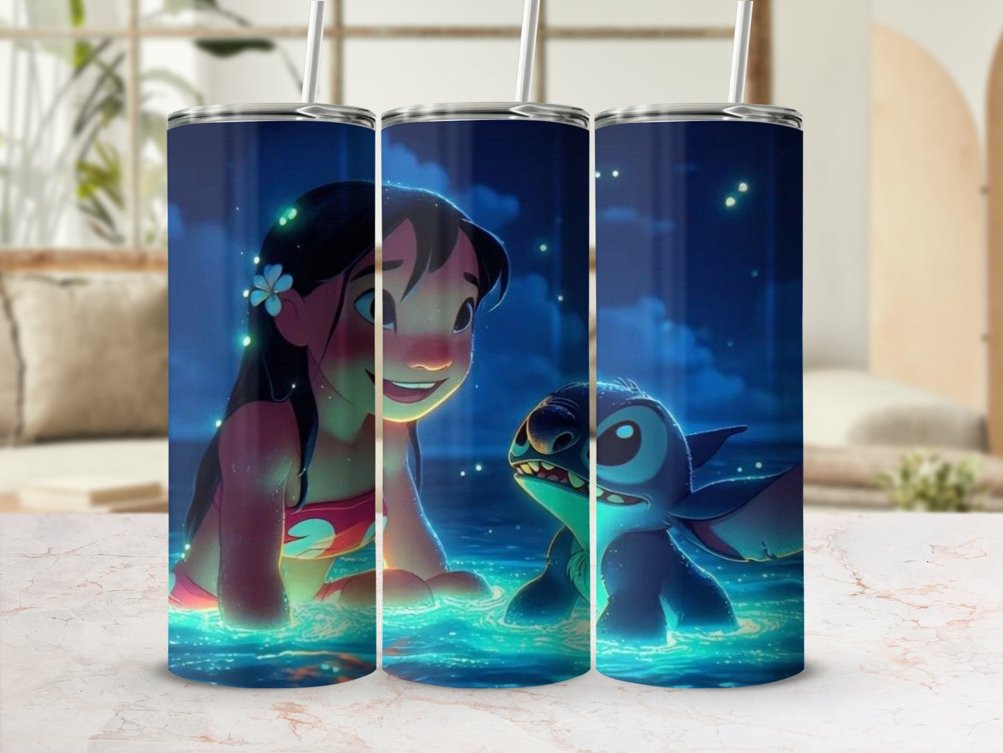 Cartoon Lilo and Stitch Design Tumbler with Straw