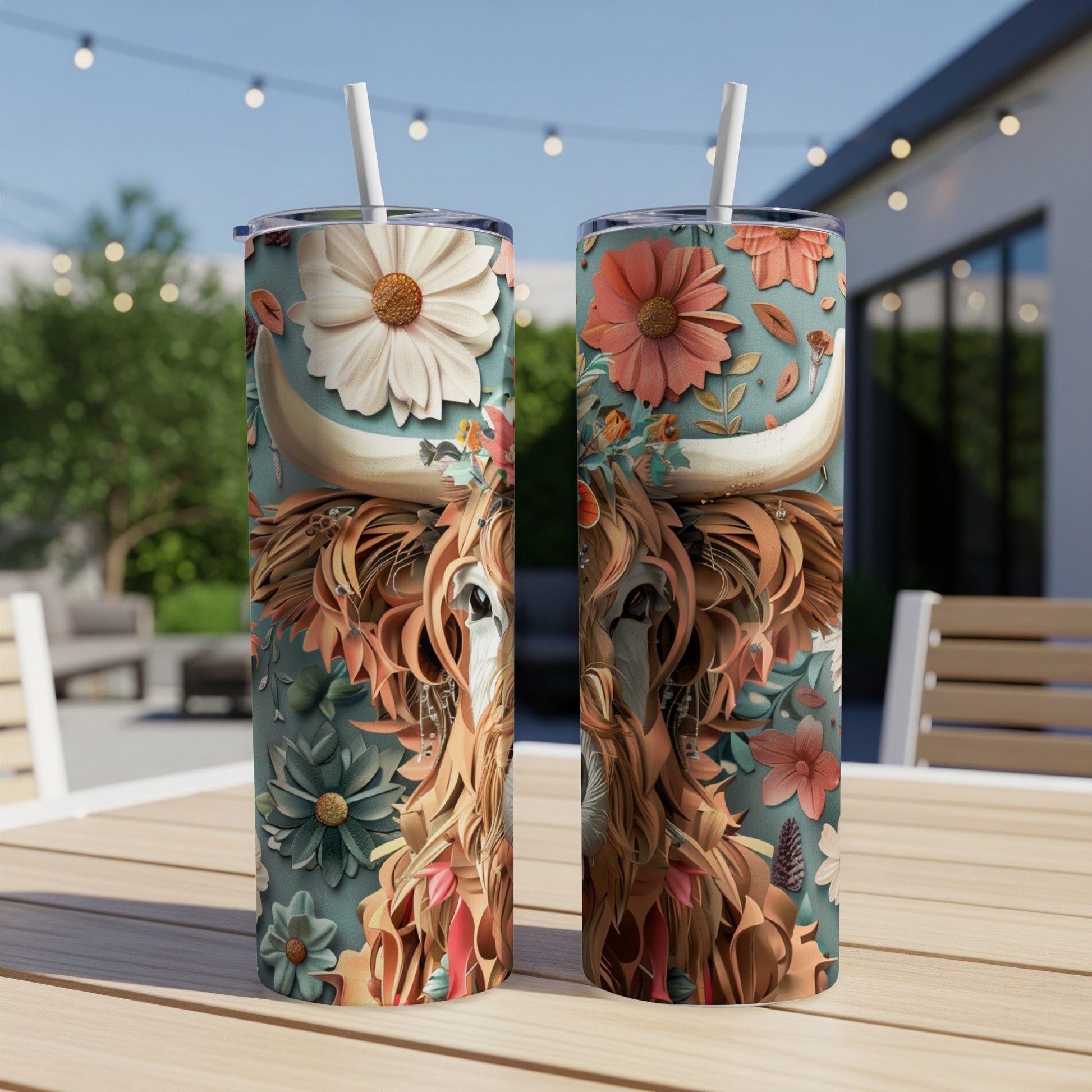 Two tumblers with Highland cow artwork featuring floral accents.