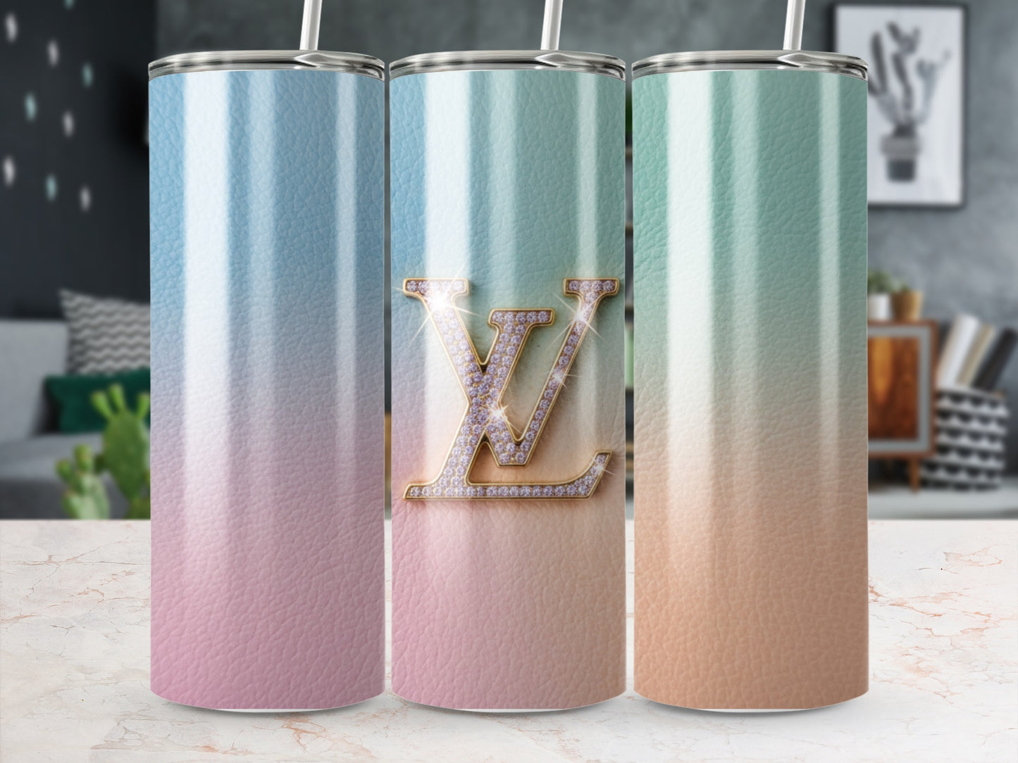 Colorful Gradient Tumbler with Sparkling LV Design