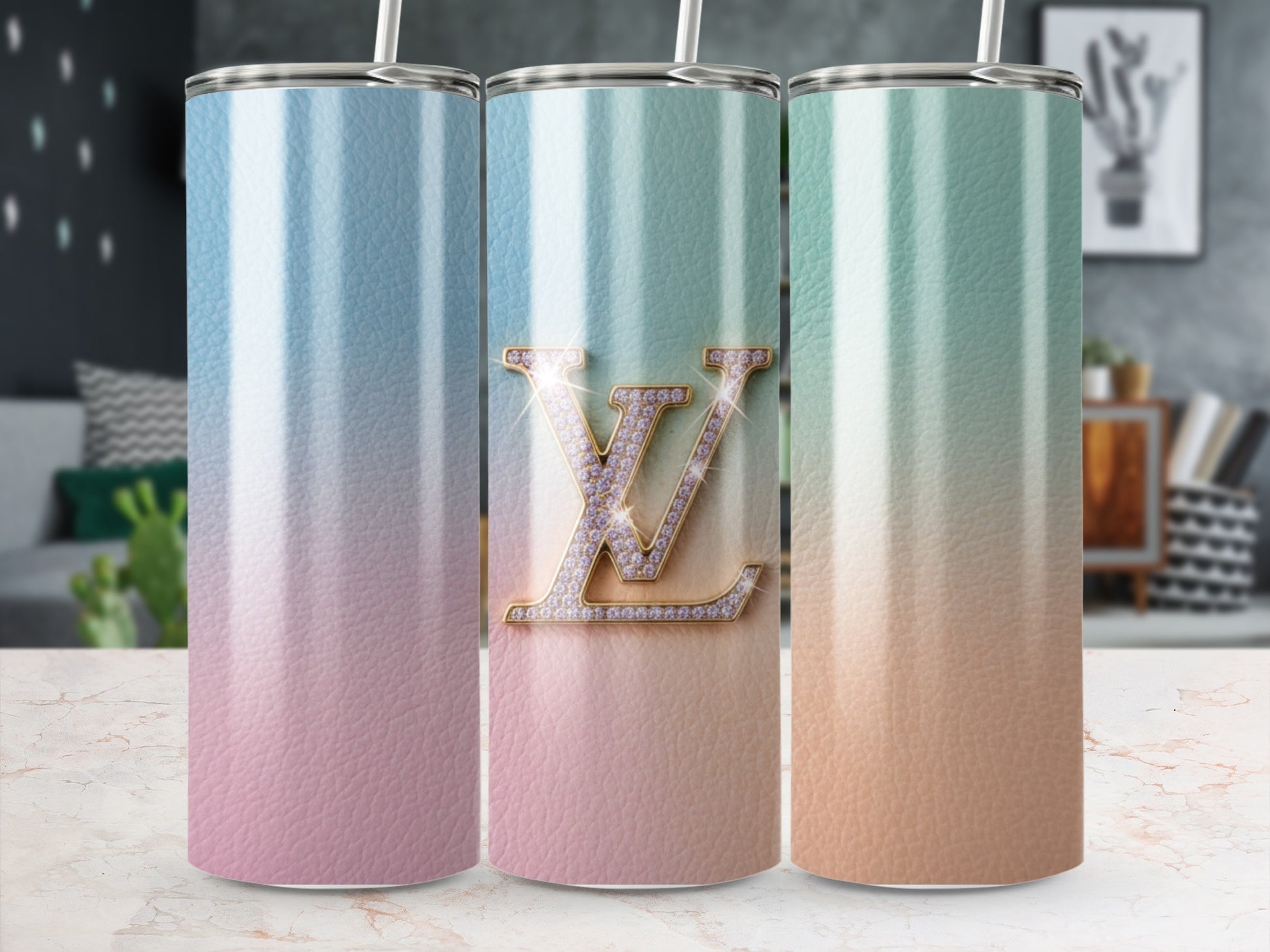 Colorful Gradient Tumbler with Sparkling LV Design