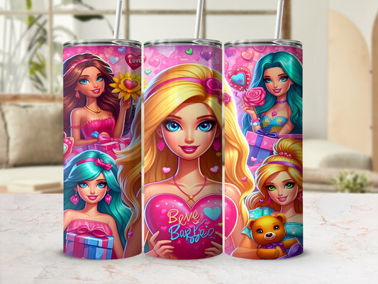 Barbie illustration with hearts and gifts, holding a pink heart that says "Believe Barbie."