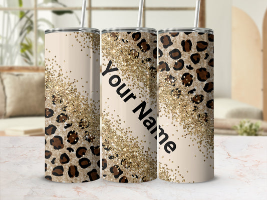 Personalized Leopard Print Glitter Tumbler with Name