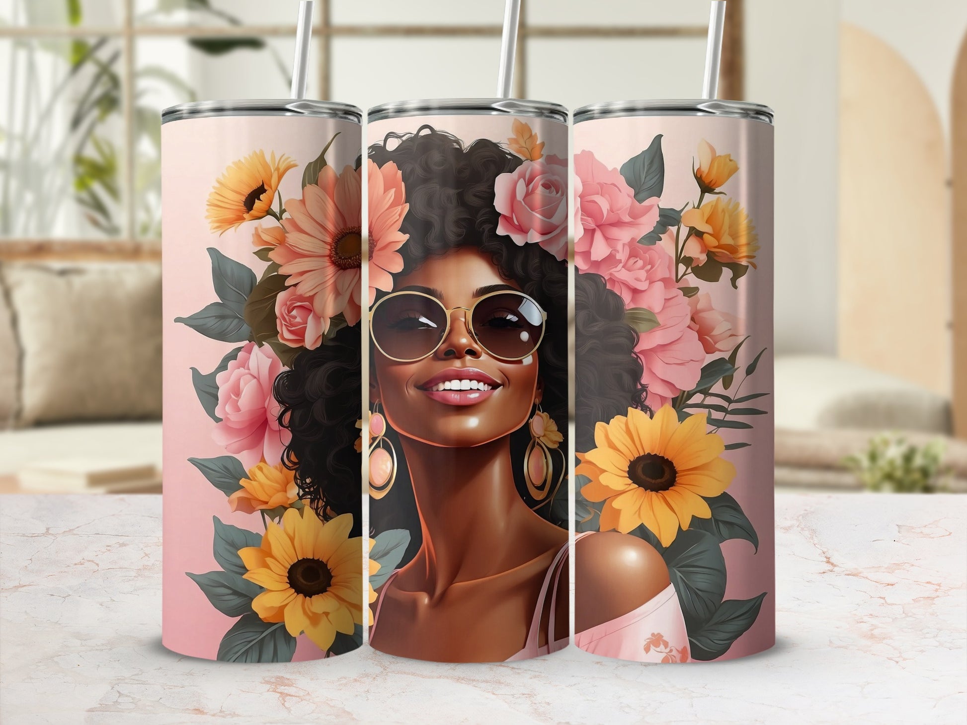 Three tumblers featuring a woman with a floral crown and sunglasses.