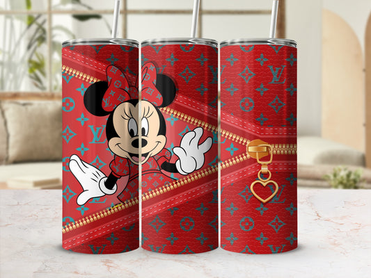 Minnie Mouse with gold zipper and heart charm on red designer pattern tumbler.