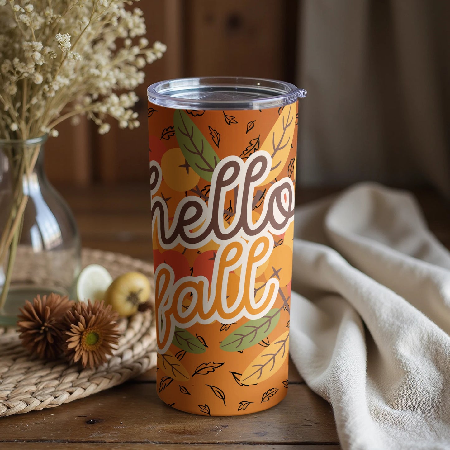 Vibrant Hello Fall Themed Tumbler with Autumn Leaves