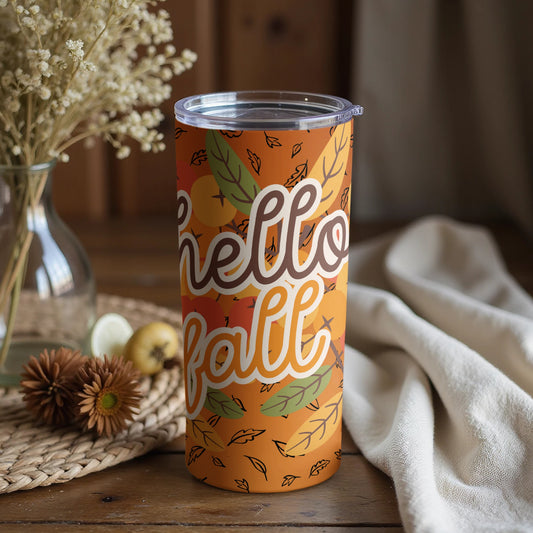 Vibrant Hello Fall Themed Tumbler with Autumn Leaves