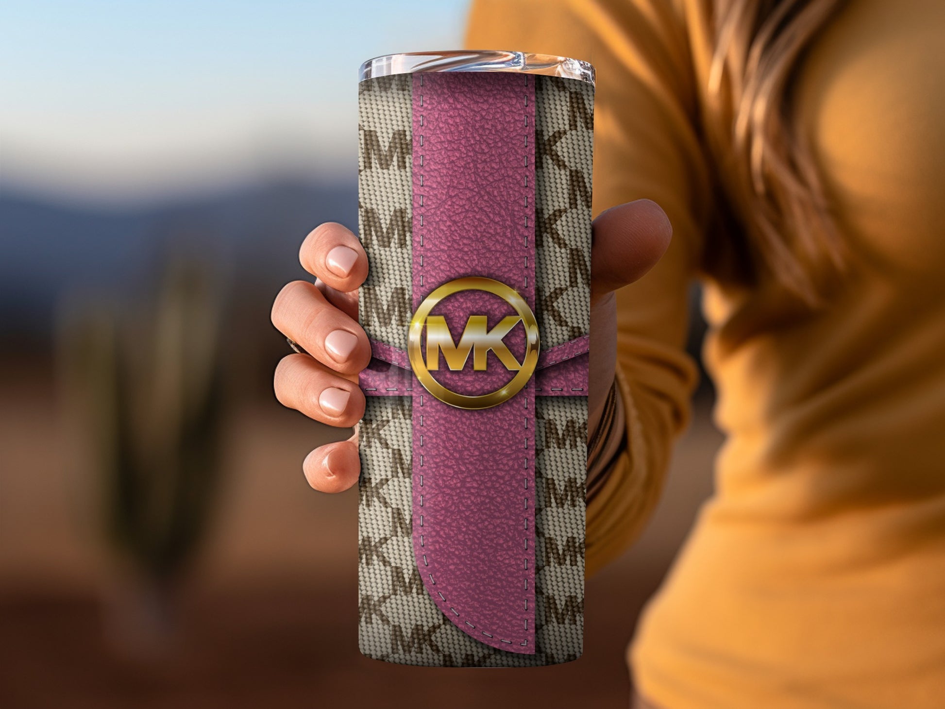 Stylish Pink Patterned Thermos with Gold MK Logo Design