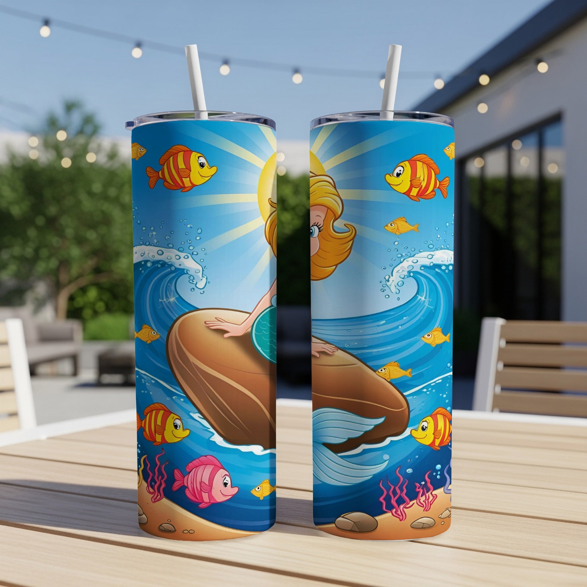 Two tumblers featuring a cartoon mermaid and fish in a sunny ocean scene.