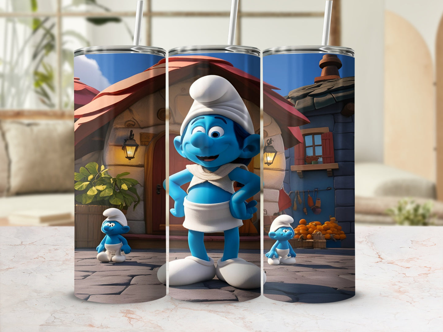 Smurf with white hat and tunic, standing in front of Smurf houses.