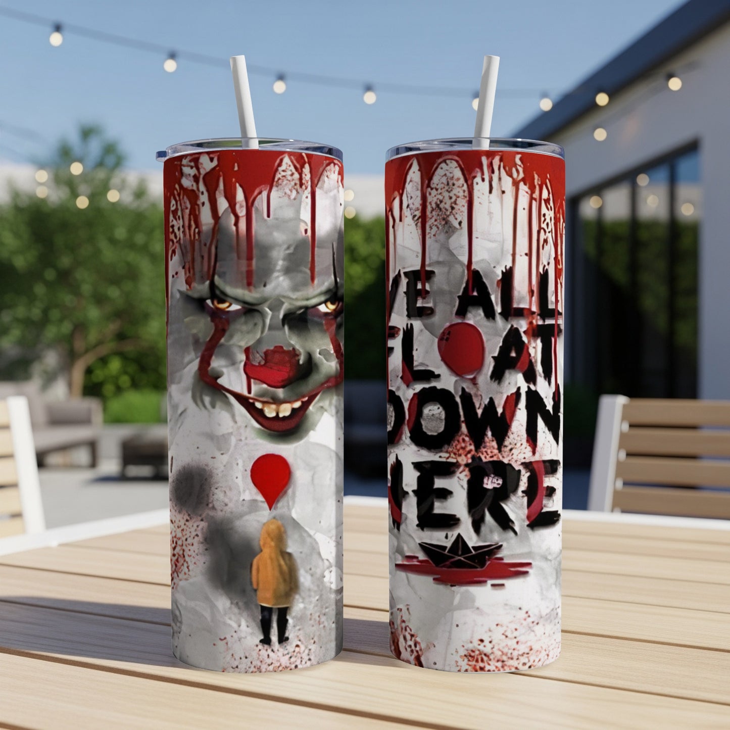 Two tumblers featuring horror clown Pennywise and the text "We all float down here".
