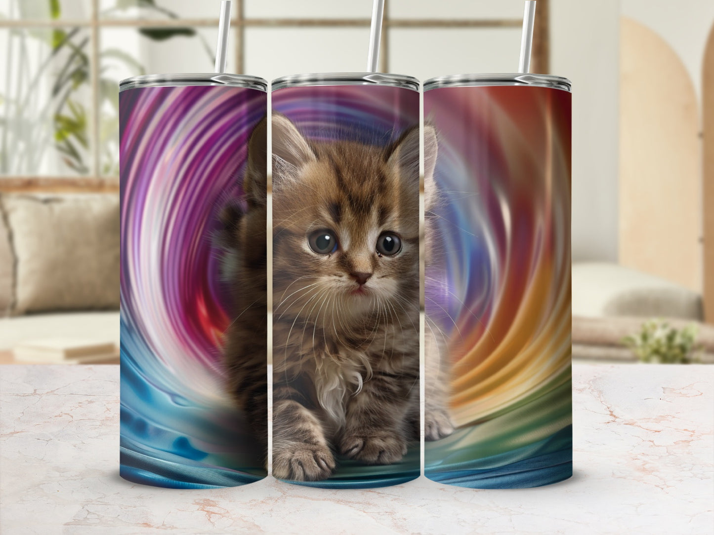 Fuzzy kitten with wide eyes sits on a colorful, swirling background.